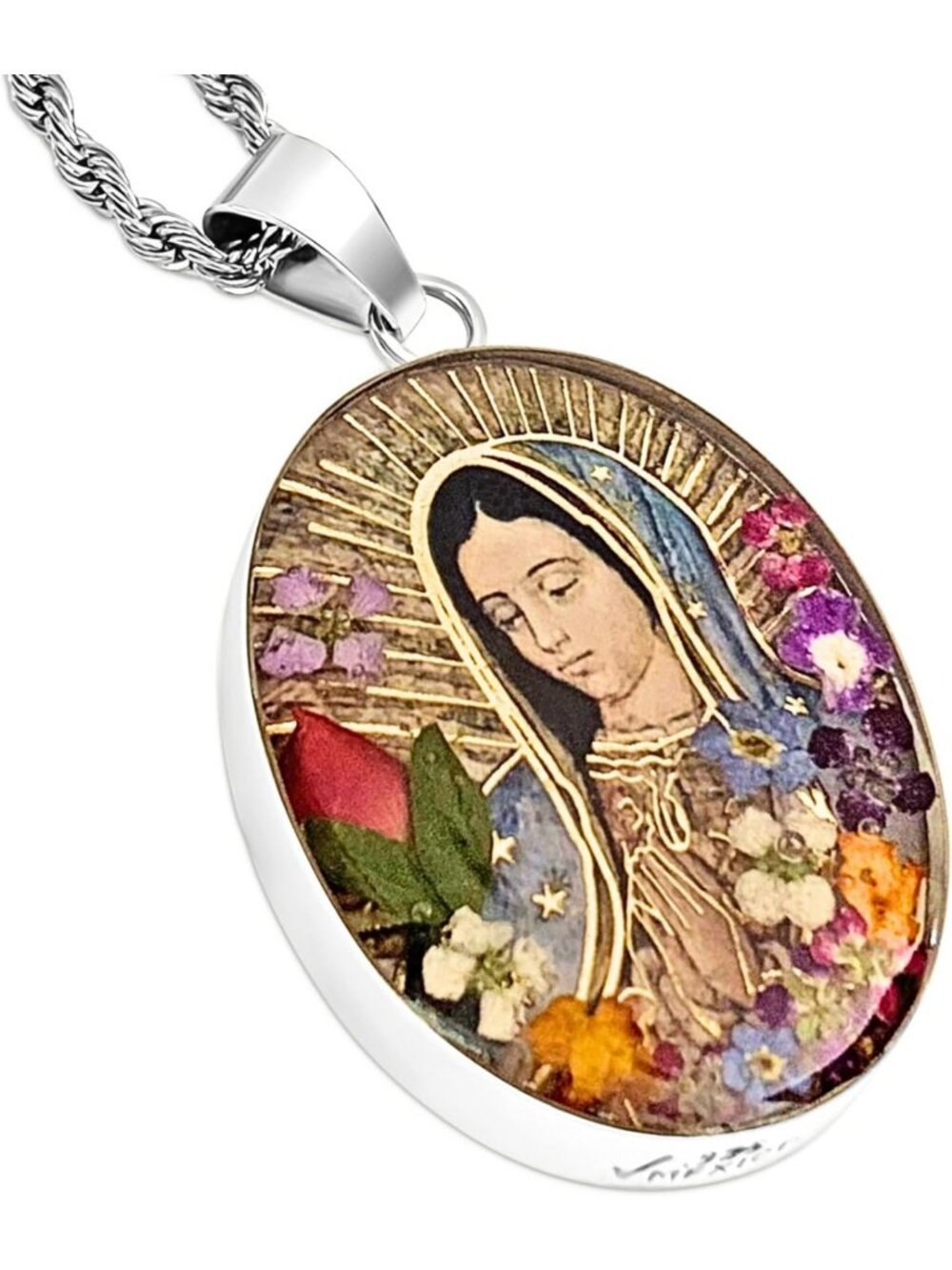Virgin Mary Pendant Necklace - 925 Sterling Silver, 20" Stainless Steel Chain